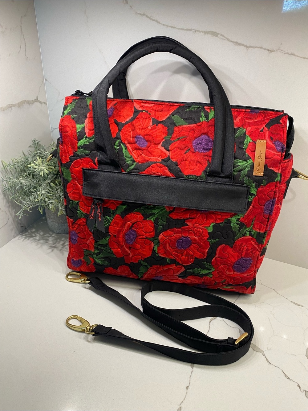 Donna Sharp Quilted Floral Tote Bag with Removable Strap - Red & Black Poppies